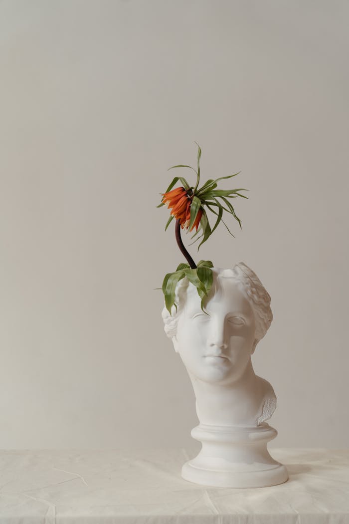 hero-img-01 Artistic sculpture of a head bust with a vibrant floral bloom on a neutral background.